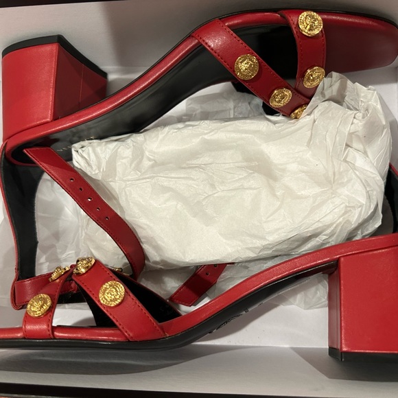 VERSACE SANDALS 👡 WOMEN LEATHER RED DARK RED - Picture 9 of 11